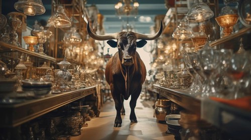 Very large bull with horns in a China shop filled with glassware. generative AI, AI generated