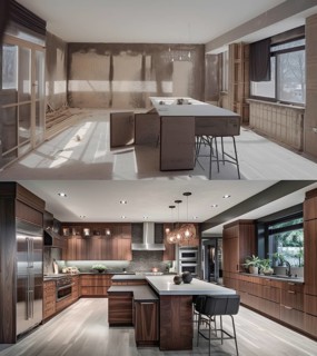Luxurious custom kitchen upgrade interior before and after construction, generative AI, AI