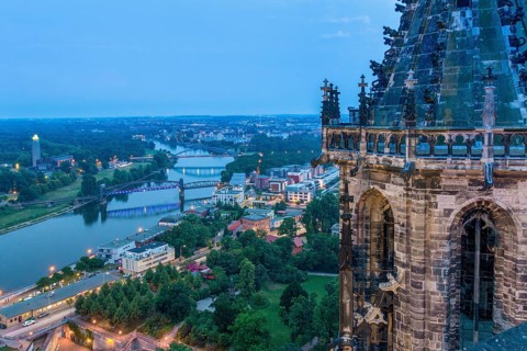 View from Magdeburg Cathedral onto the Elbe with illuminated lift bridge, star bridge and Albin
