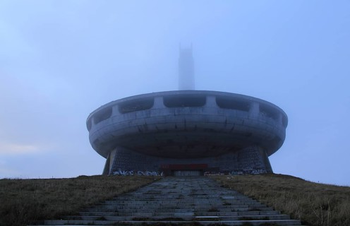 Buzludzha monument former communist party headquarters, Bulgaria, eastern Europe in dense fog,