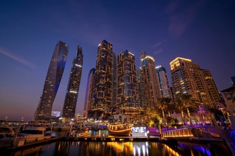 Night shot, Marina, Skyline, Cayan Tower, DAMAC Heights, Logo, Dubai Marina, Dubai, United Arab