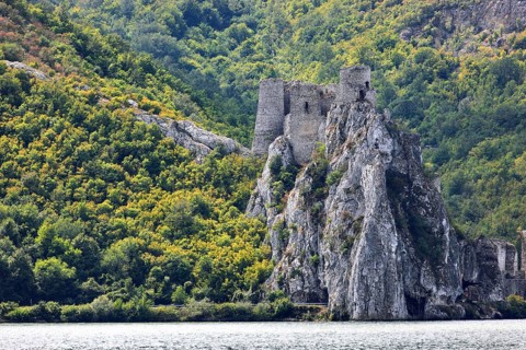 View of the castle on the Danube on the Serbian side opposite Coronini, Danube landscape, Iron Tor