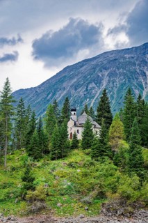 Lake chapel Maria am See, Obernberger See, mountain lake, landscape of the Stubai Alps, weather