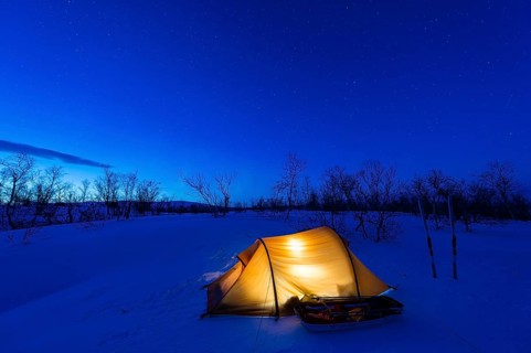 Tent in mountain landscape, Sarek National Park, World Heritage Laponia, Norrbotten, Lapland,