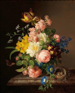 Bouquet of flowers with bird's nest and butterfly, painting by Josef Lauer (1818, 1881), Austrian