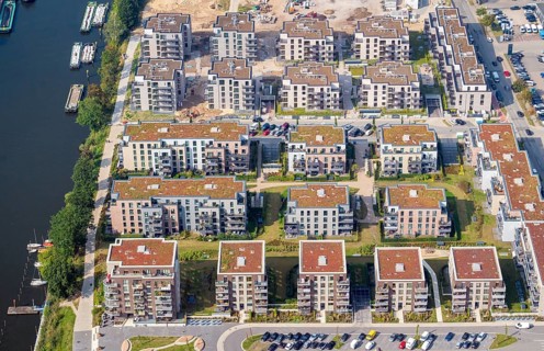 Aerial view, Hafencity Geesthacht, residential building, apartment block, multi-family house,