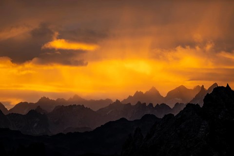 Montafon mountains with dramatic cloudy sky at sunrise, Tschagguns, Rätikon, Montafon, Vorarlberg,