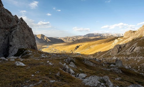 Mountain landscape with hills and yellow meadows in autumn, Kol Suu, Sary Beles Mountains, Naryn