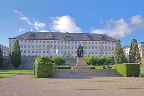 Baroque Friedenstein Palace and monument to Duke Ernst I the Pious of Saxe-Gotha-Altenburg, Gotha,