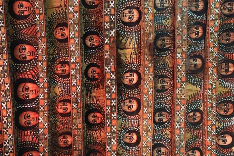 Amhara region, near Gondar, Gonder, church ceiling with angel heads and cross ornaments in the
