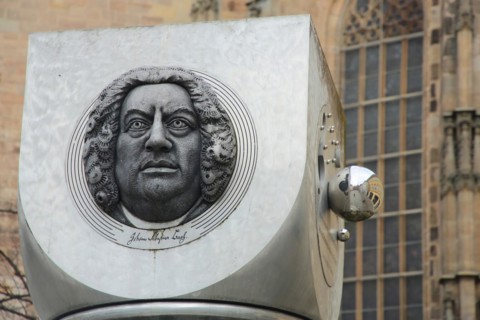 Sculpture AnsBACH-SÄULE by Jürgen Goertz 2003, monument to Johann Sebastian Bach, head, face,