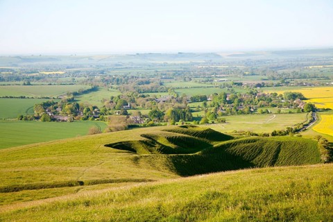 View over Pewsey Vale from chalk scarp slope of Milk Hill, Alton Barnes and Alton Priors,