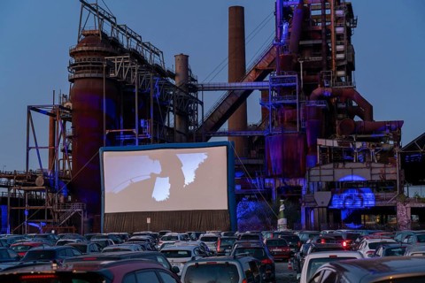 Drive-in cinema Dortmund, against the backdrop of the former blast furnace plant Phönix-West in