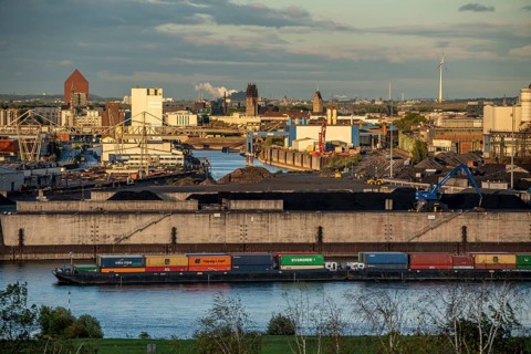 Duisburg harbours, Rheinkai Nord, outer harbour, behind the city centre with inner harbour, archive