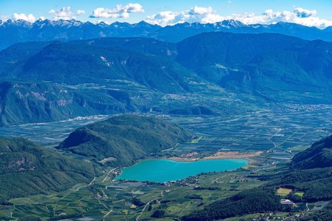 Lake Kaltern, near the village of Kaltern, in the Adige Valley in South Tyrol, one of the two