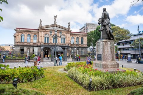 National Theatre of Costa Rica and Parque Juan Rafael Mora Fernández square with statue, San José,