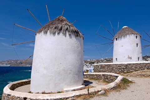 The windmills, the landmark of Mykonos, Cyclades, Greece, Europe