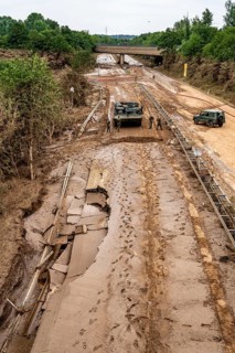 Flood on the Erft, here the federal road B265 destroyed by the water, Erftstadt, North