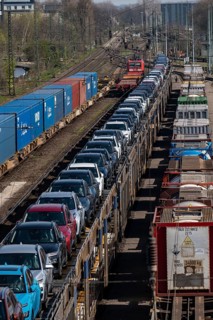 Duisburg-Rheinhausen freight station, at the Logport harbour area, goods trains loaded with new