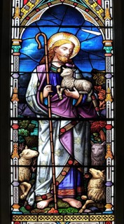 The Good Shepherd stained glass window, Church of All Saints, Sudbourne, Suffolk, England, UK