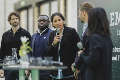 (L-R) Arne Friedrich, former professional football player, Gerald Asamoah, Steffi Jones, former