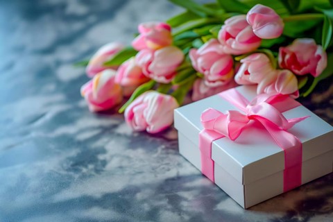 Gift Box with Pink Ribbon Beside bouquet of Fresh Tulips. Background for Valentine day, March 8,