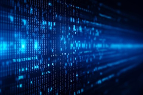 Blue dynamic digital data streams, showcasing flowing lines of code in a mesmerizing pattern, ideal