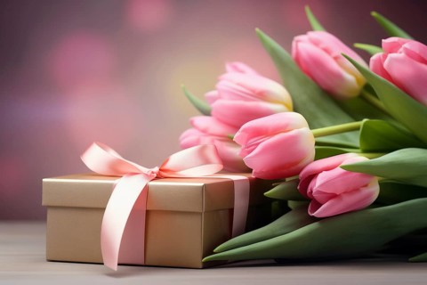 Gift Box with Pink Ribbon Beside bouquet of Fresh Tulips on Bokeh Background. Good for Valentine