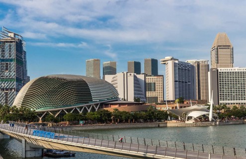 Modern futuristic buildings and bridge in the center of Singapore