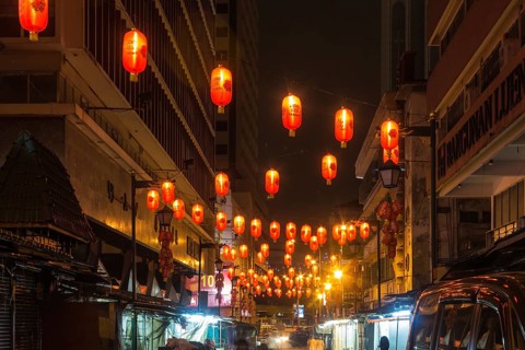 Chinese market with lanterns at night in Kuala Lumpur, Malaysia, Asia
