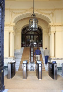 Plus Ultra Seguros insurance company entrance, Plaza de las Cortes, Madrid city centre, Spain,