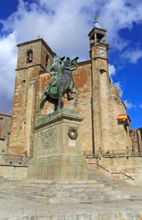 Iglesia de San Martin church and Pizarro statue in historic medieval town of Trujillo, Caceres