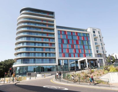 Modern architecture of Hilton Hotel, Bournemouth, Dorset, England, UK