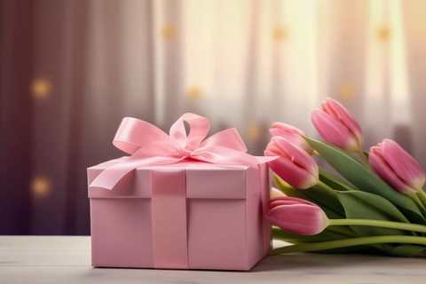 Gift Box with Pink Ribbon Beside bouquet of Fresh Tulips on Bokeh Background. Good for Valentine
