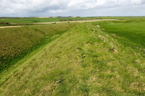 Defensive ramparts and ditch Yarnbury Castle, Iron Age hill fort, Wiltshire, England, UK