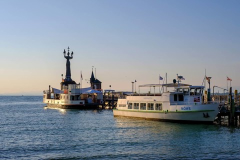 Imperia at the harbour entrance, by artist Peter Lenk, Constance, on Lake Constance,