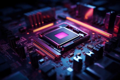 Close-up of a computer processor chip CPU on a motherboard with glowing neon lights. The chip is
