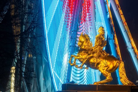 Augustus Market in Dresden. Equestrian statue of Augustus the Strong, also known as the Golden