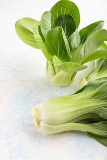 Fresh green bok choy or pac choi chinese cabbage on a white concrete background. Side view, close