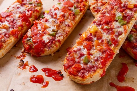 Pizza on a baguette, top view, close-up, no people, fast food, street food