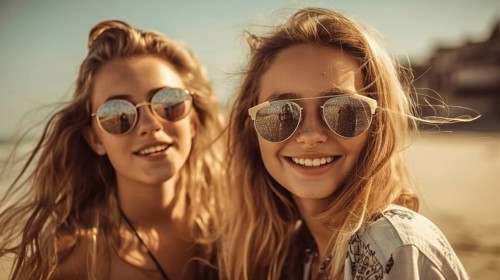 Two young girlfriends posing wearing sunglasses having fun on the beach, generatvie AI, AI