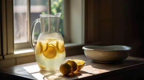 Tranquil country kitchen counter with a pitcher of fresh lemonade, generative AI, AI generated