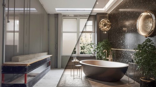 Luxurious custom bathroom upgrade interior before and after construction, generative AI, AI