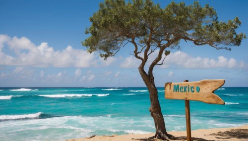 Sign pointing to the direction of Mexico with scenic beach and ocean in the background, AI
