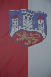 Town flag and town coat of arms with lion figure and three towers, red, white, market square,