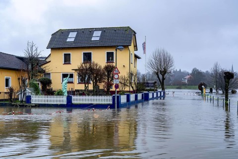 Flood on the Ruhr, here near Hattingen, buildings at a flooded campsite, completely surrounded by
