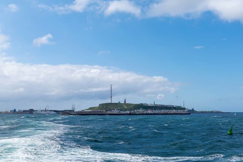 View from south-west to the offshore island of Heligoland, harbour facilities, cliff coast,