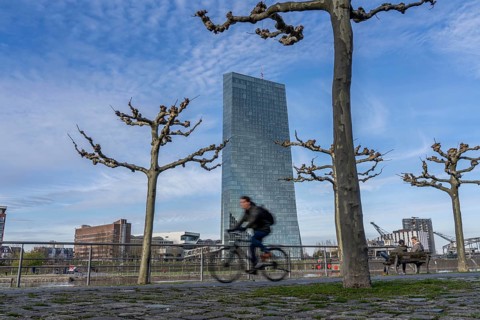 Building of the European Central Bank, ECB, cycle path on the Main in Frankfurt, Hesse, Germany,