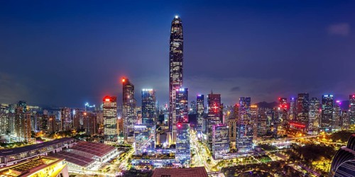 Shenzhen skyline with skyscrapers city centre downtown at night panorama in Shenzhen, China, Asia