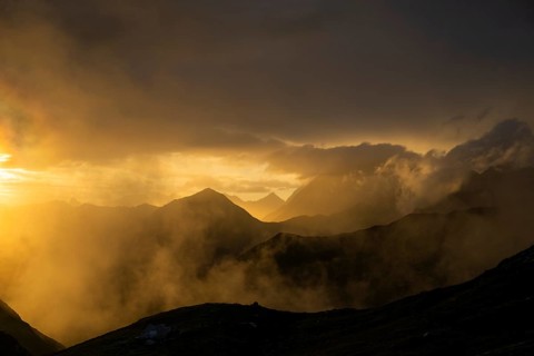 Montafon mountains with dramatic cloudy sky at sunset, Tschagguns, Rätikon, Montafon, Vorarlberg,